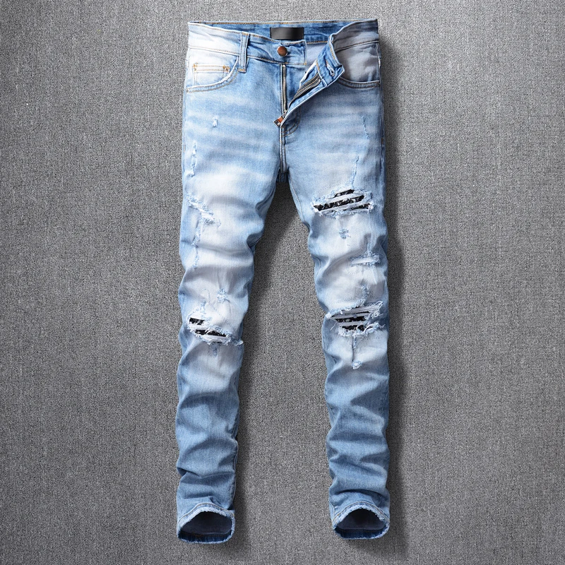 

Fashion new men's jeans stretch slim fit perforated red patch retro light blue jeans designer high street hip-hop brand pants ho