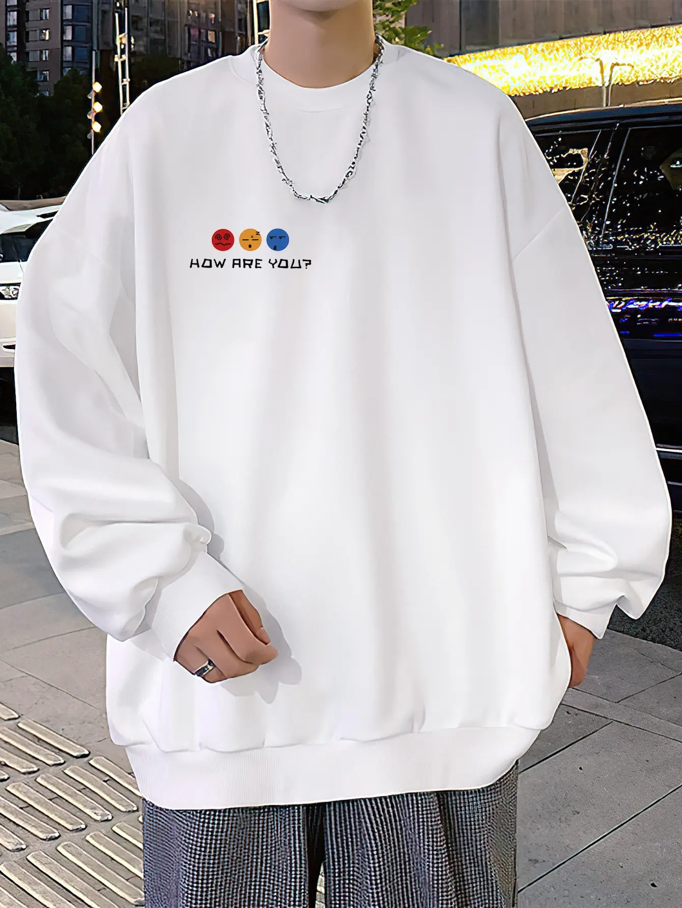 

How Are You Letter Funny Facial Expression Printed Men Tops Fashion Crewneck Pullover Autumn Hip Hop Streetwear Male New Hoody