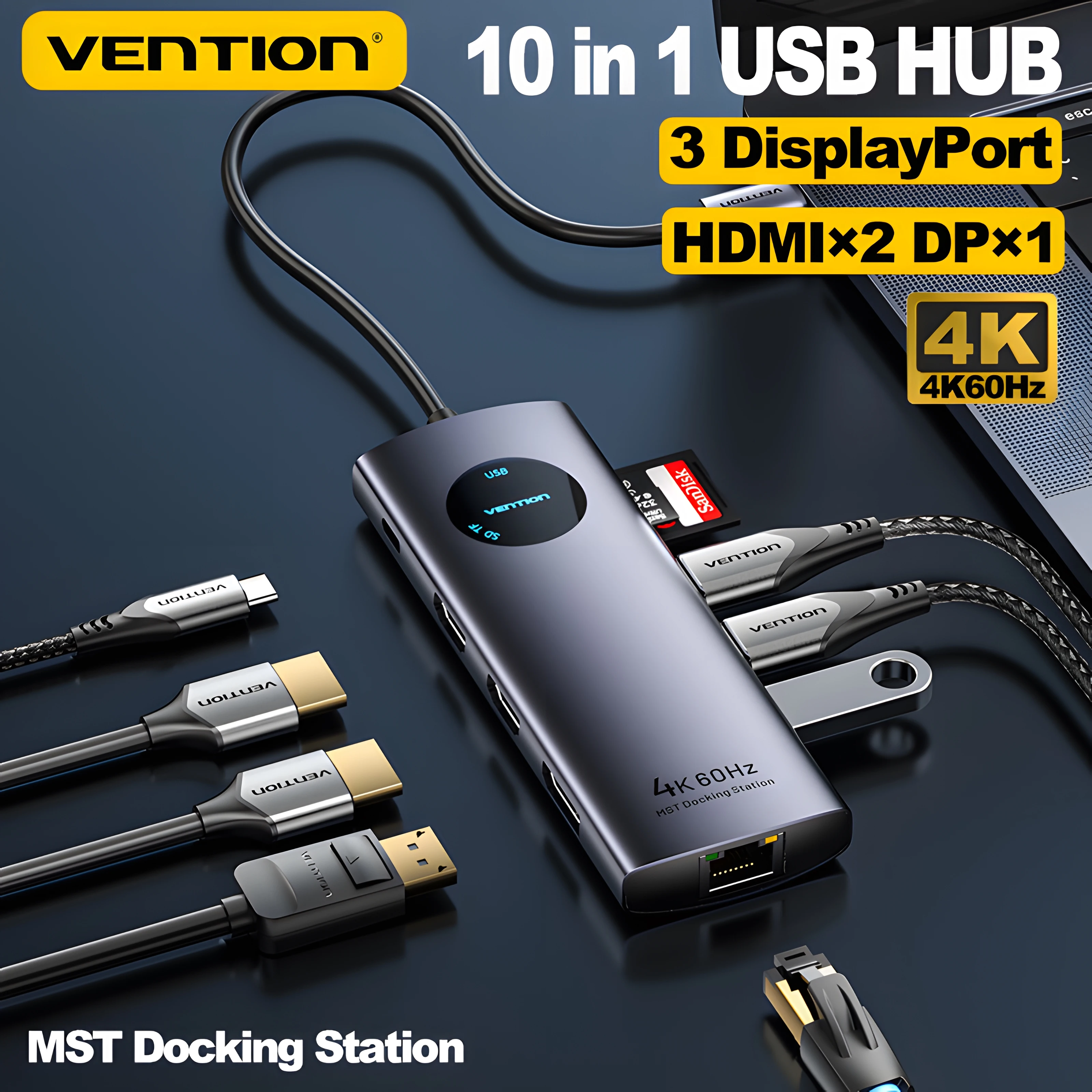 Vention 10 in 1 USB HUB HDMI DP 4K@60Hz Adapter RJ45 Splitter Type C HUB 3.0 PD 100W Charger Docking Station for MacBook Laptop