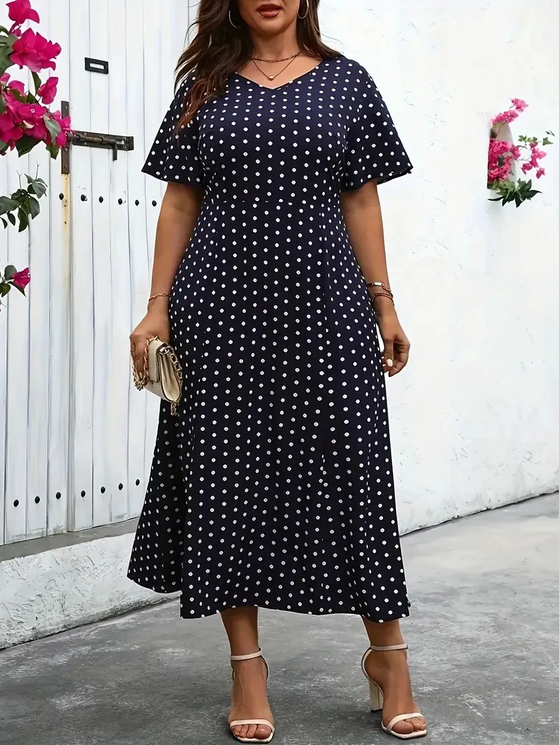 GIBSIE Plus Size Polka Dot V Neck Elegant Long Dress Women Summer High Waist Short Sleeved Vintage A-Line Dresses 2024 New