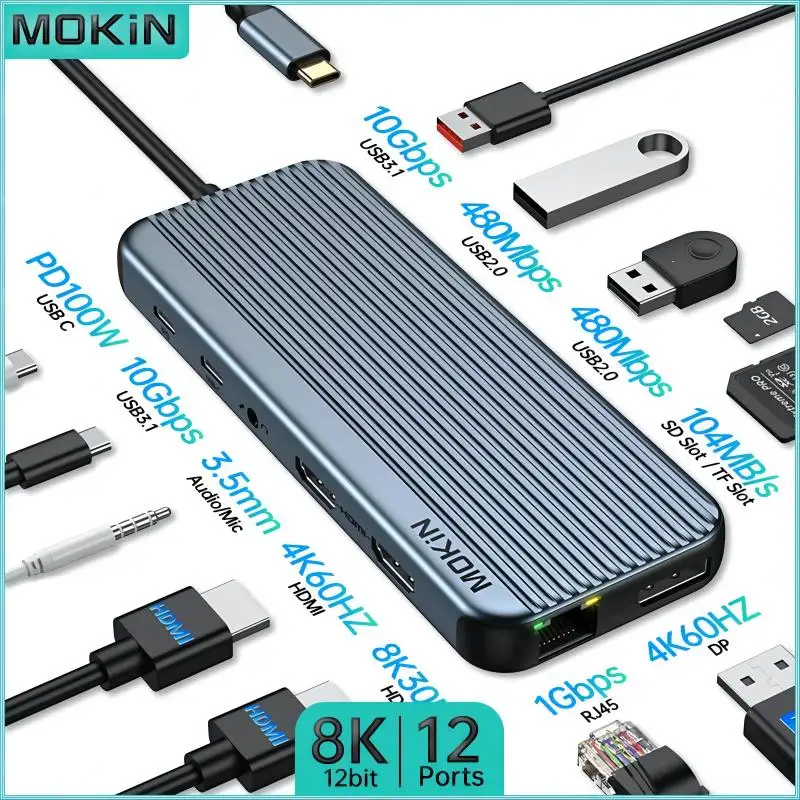 mokn usb c para dual docking station 8k hdmi dp usb 31 rj45 sd tf audio pd 100w adaptador para macbook ipad pro air 01