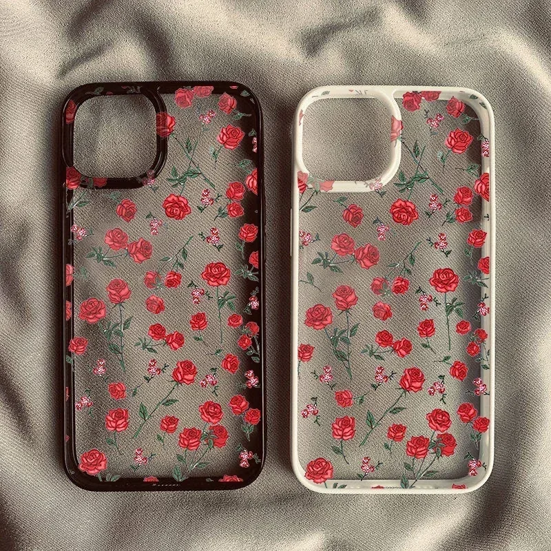 Red Pink Poise Rosie Shockproof Phone Case For iPhone 14 15 Pro MAX 13 11 12 XS SE20 XR 7 8Plus Fashion Flower Clear Hard Cover