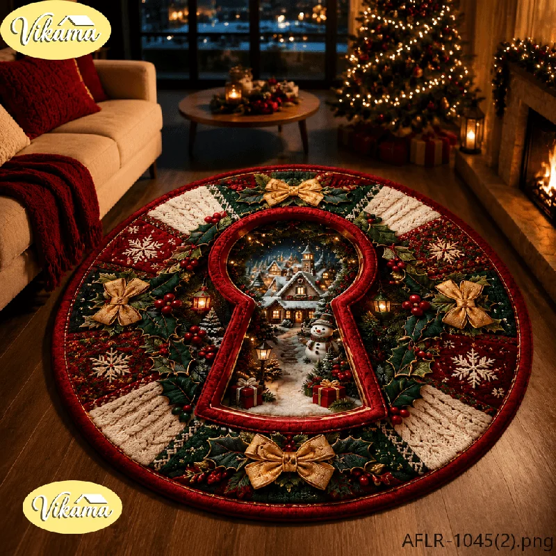 VIKAMA Snow & Bow Christmas Flannel Patchwork Round Rug, Non-Slip Washable Xmas Mat for Living Room Bedroom Nursery Kids Room
