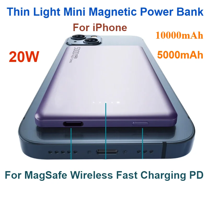 20W External Auxiliary Battery 5000mAh For iPhone Thin Light Mini Magnetic Power Bank For MagSafe Wireless Fast Charging PD