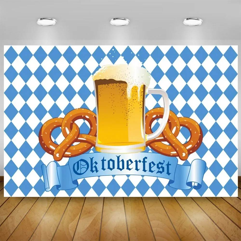 Oktoberfest Theme German Bavarian Beautiful Woman Holding Beer Party German Beer Festival Blue Check Barrel Banner Decor Supplie