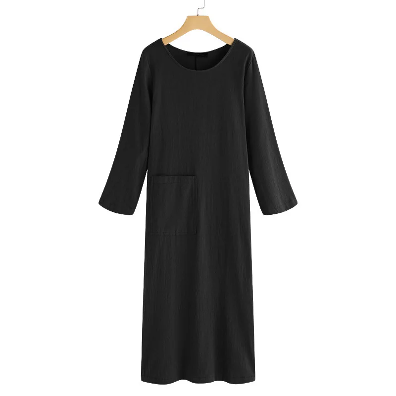 Women\'s Elegant Solid Color Dress Summer Half-Sleeve O-Neck Vintage Harajuku Cotton Linen Comfortable Loose Pocket Long Dresses