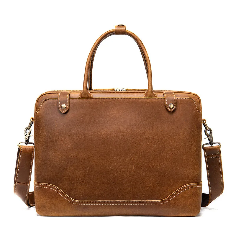 European and American cross-border genuine leather retro briefcase, handbag, cross-body bag, 14-inch laptop bag, briefcase