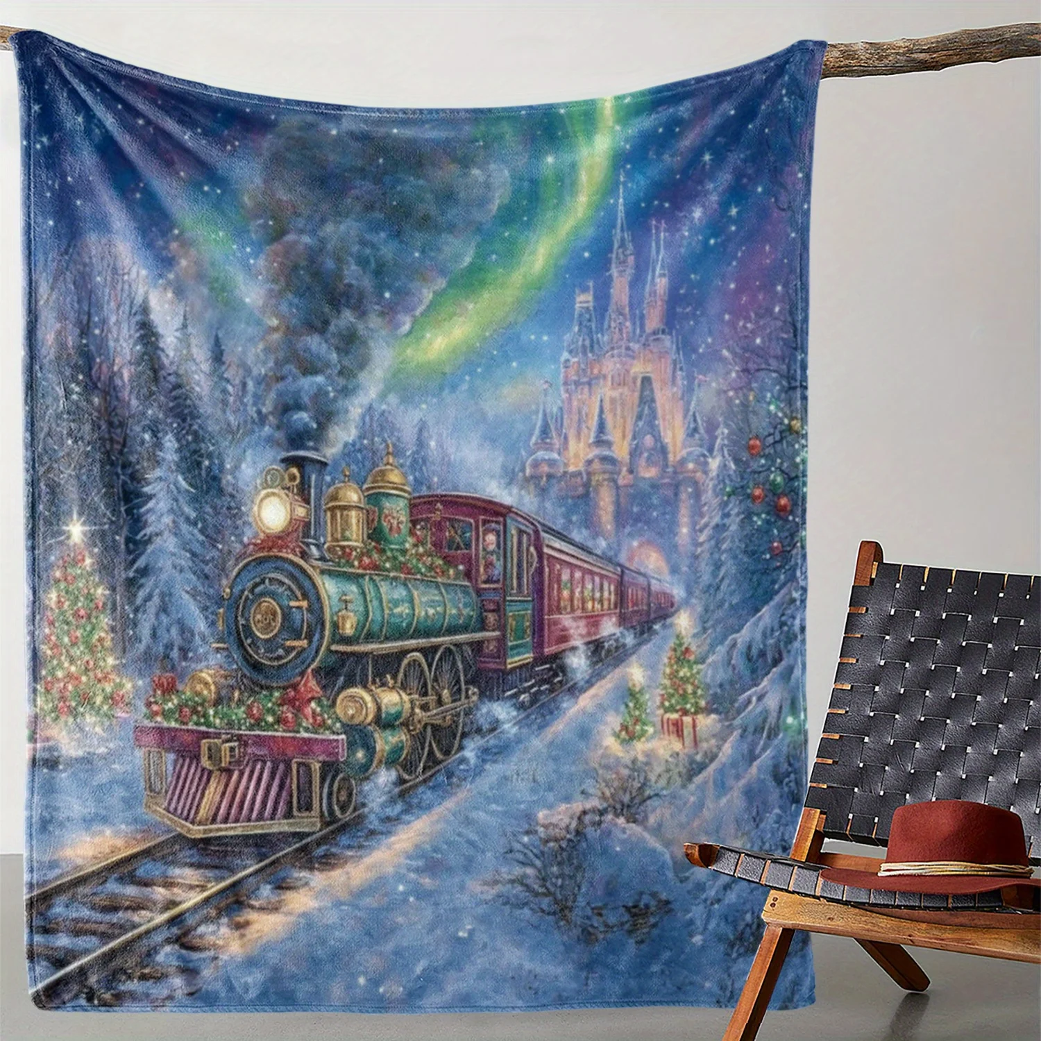Vintage Christmas Castle Train Christmas Tree Starry Sky Print Flannel Throw Blanket Warm Comfortable Soft Blanket