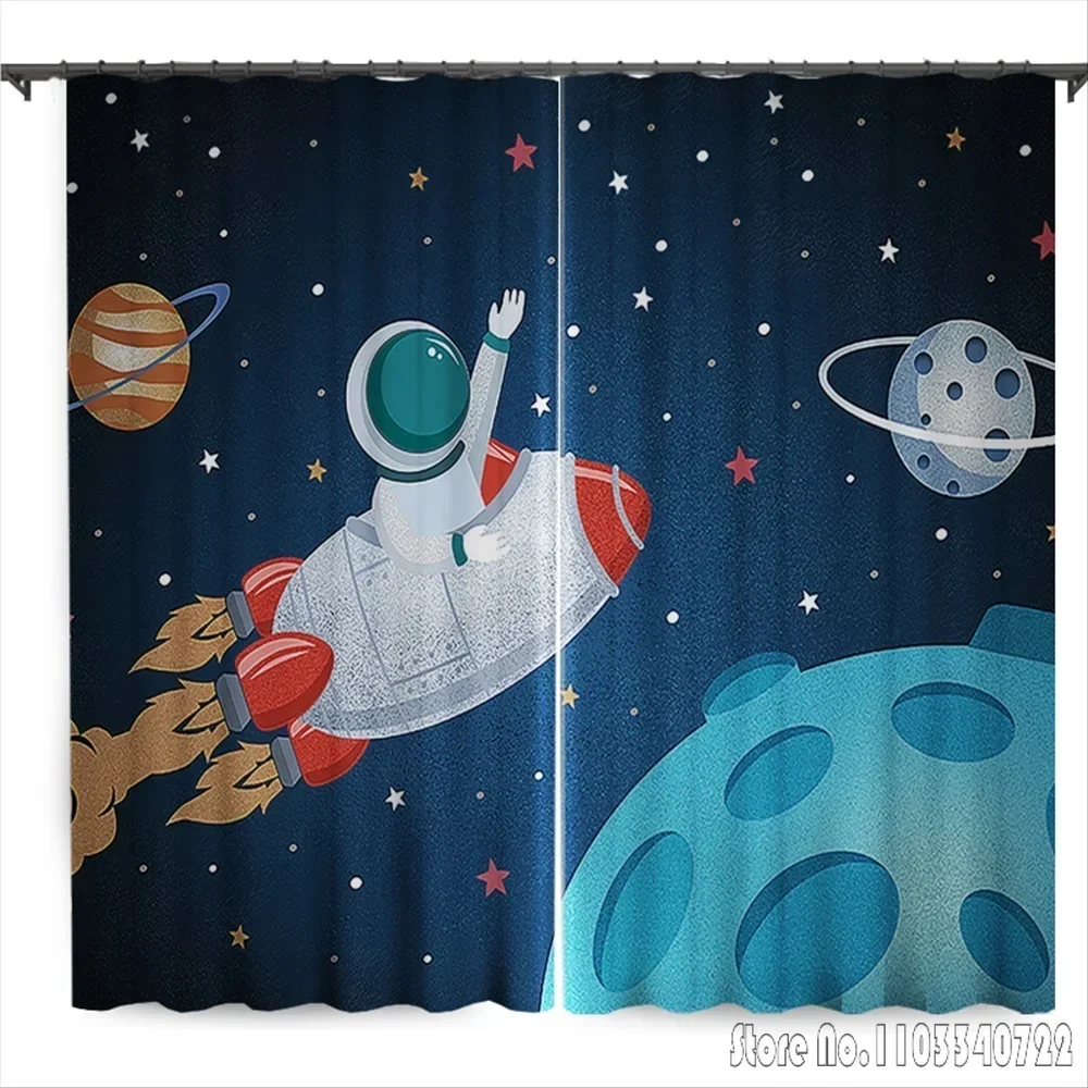 Anime Space Rocket Astronaut Window Curtain 3D Print Blackout Curtains Living Room Bedroom Decor Custom Kids Gift