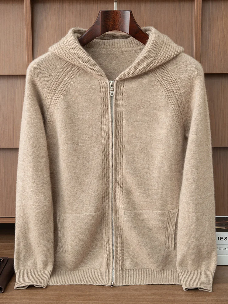 100% Cashmere Men's Hooded Cardigan Thickened Autumn Winter Casual Fashion Top Knitted Hoodie