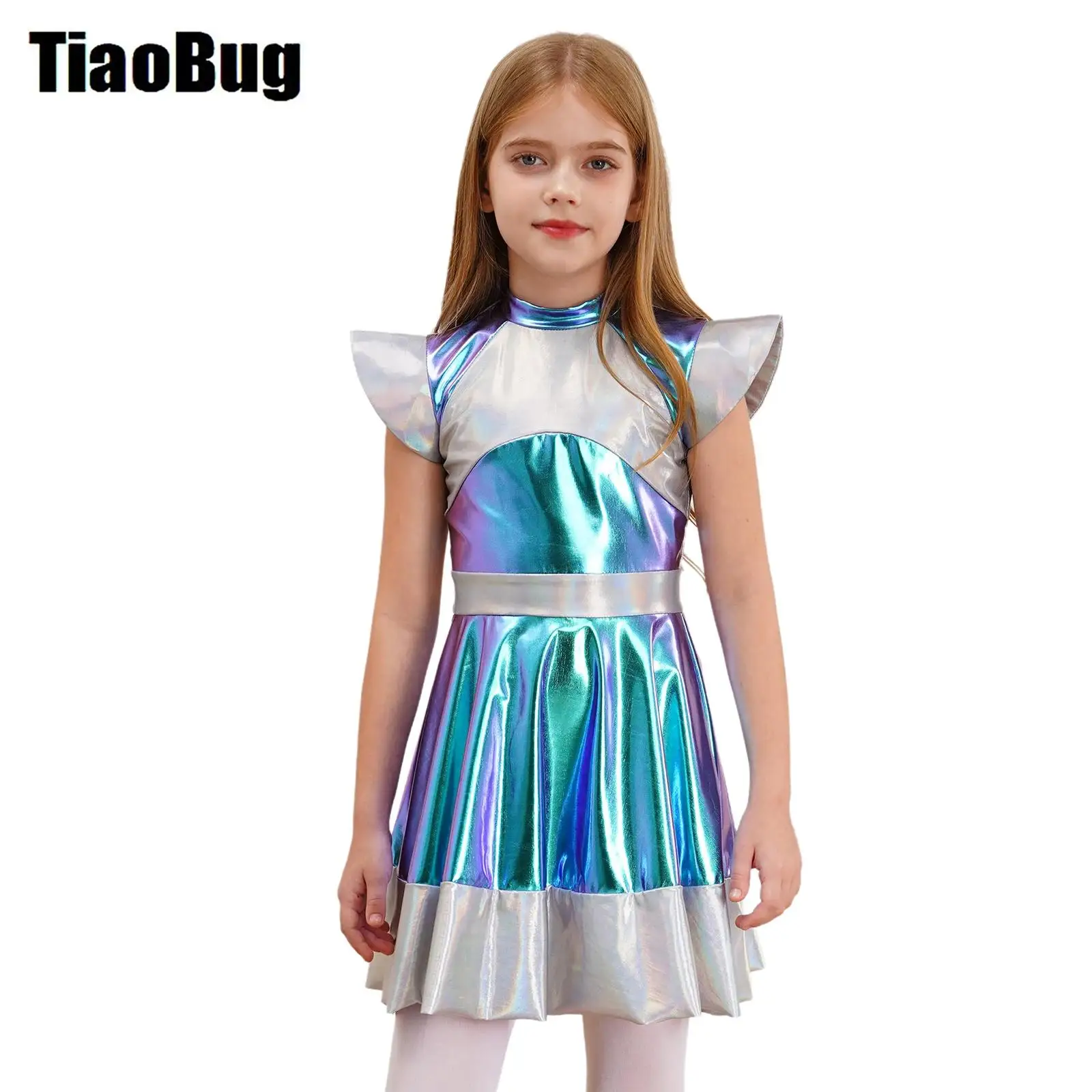 

Kids Girls Outer Space Cutie Costume Alien Role Play Dress Halloween Cosplay Cap Sleeve Glossy Metallic Color Block Dress