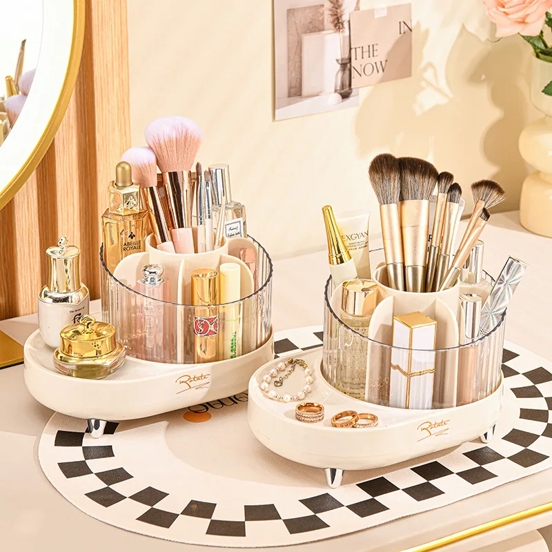 

Fashion 360°rotating Base Cosmetic Organizer Desktop Makeup Brush Compartment Storage Bucket With Skin Care Accessories Shelf