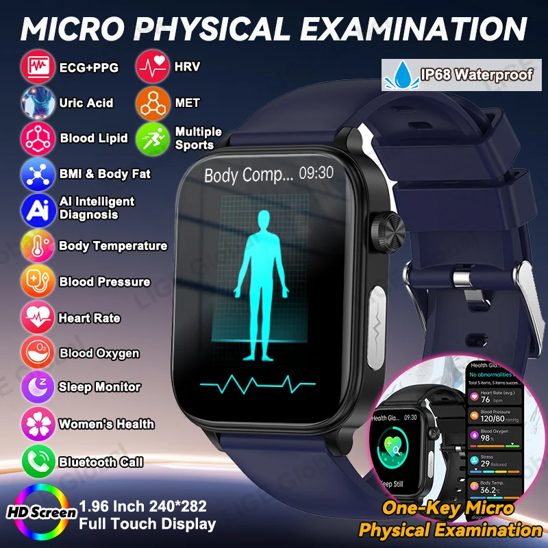

Смарт-часы LIGE 2026 с ЭКГ+ППГ, измерением уровня жира в крови, мочевой кислоты, артериального давления, температуры тела, Bluetooth-звонками, для мужчин и женщин, для контроля здоровья
