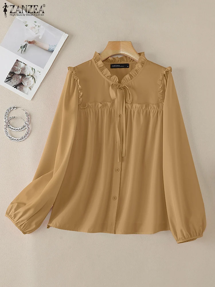 

Spring Long Sleeve Ruffles Blouses ZANZEA Women Stylish OL Work Shirts Elegant Lace Up HolidayBlusas Casual Solid Tops Tunic