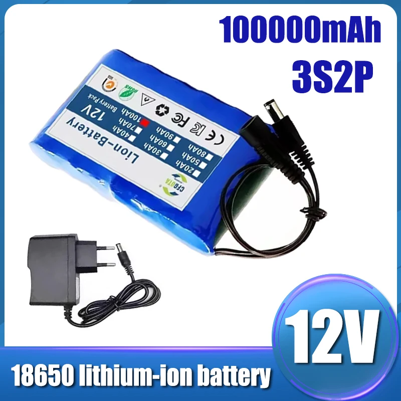 3S2P lithium-ion battery pack with BMS protection board+12.6V charger, 12V 100000mAh