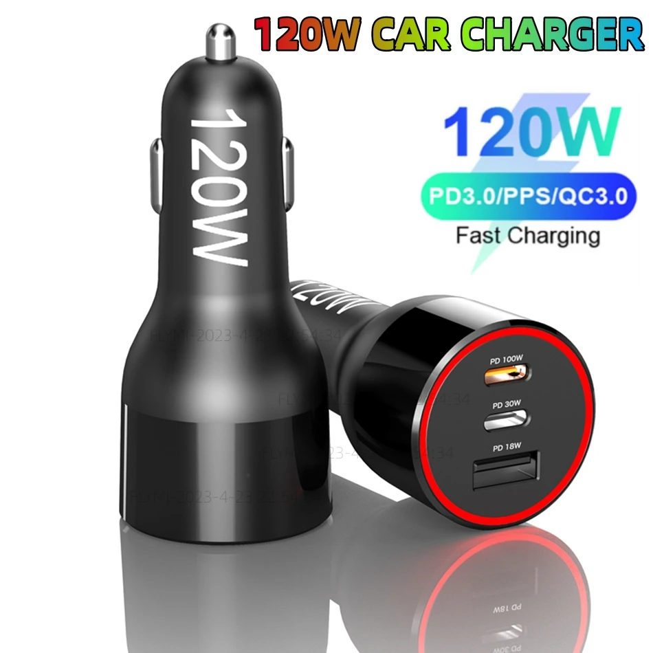 120W 3-Port USB C Car Charger, QC5 PD 100W PPS 45W 30W QC3.0 18W for Type-C laptop MacBook iphone 14 Samsung S22 21 MI 11