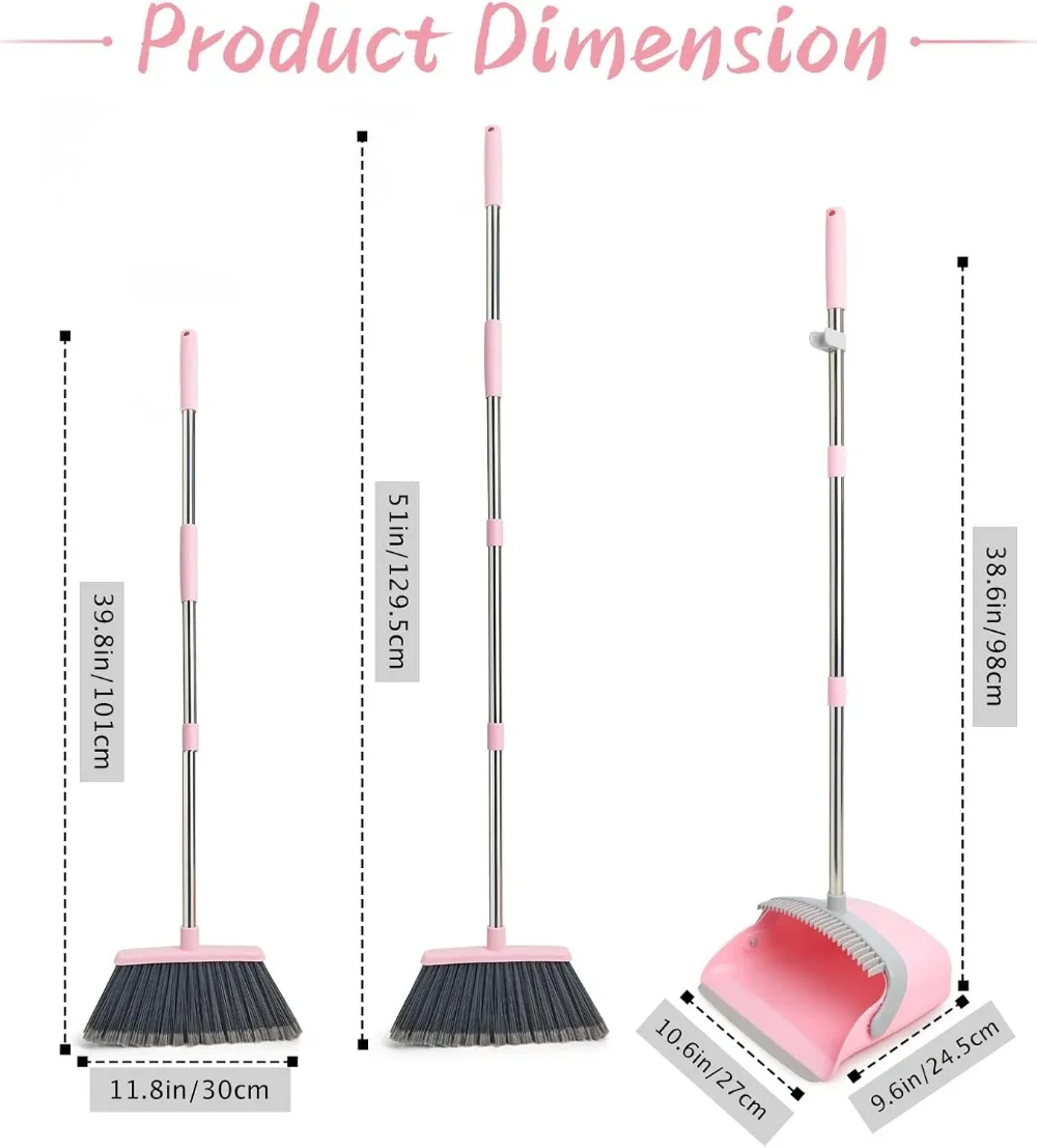 Long Handle Broom & Dustpan Set, Self-Cleaning Comb, Foldable, for Home & Office