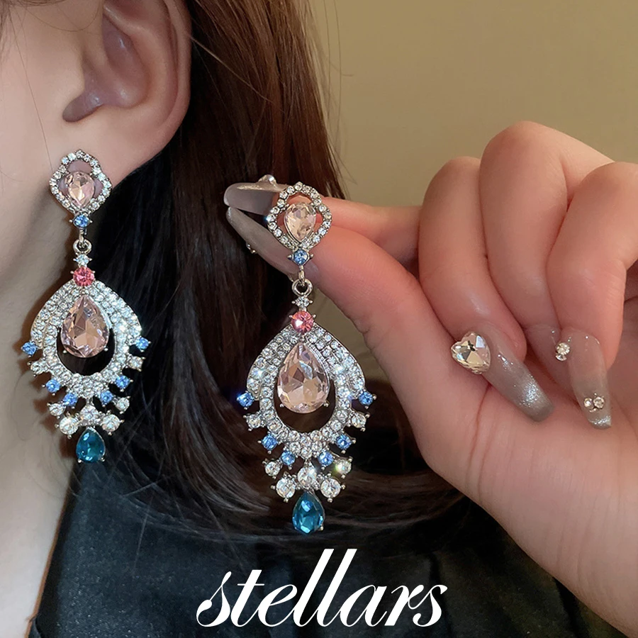 

Vintage Rhinestone Pink Fan-Shaped Teardrop Silver Stud Earrings Palace Style High-End Niche Elegance Women's Jewelry