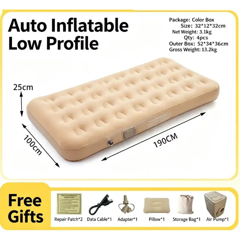 Automatic Inflatable Mattress Flocked Surface for Camping Tent Home Office Nap Hospital Floor Sleeping Pad Portable Air Bed