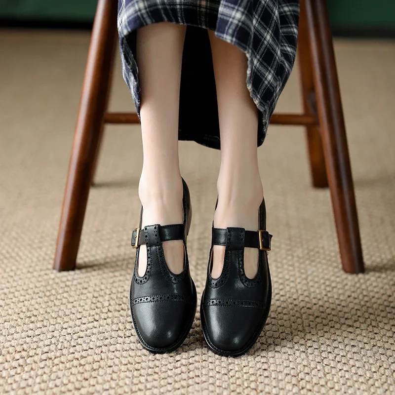 New Spring/summer Mary Jane Shoes for Women Split Leather Round Toe Thick Heel Shoes Casual Brogues Black Chunky Heel Shoes