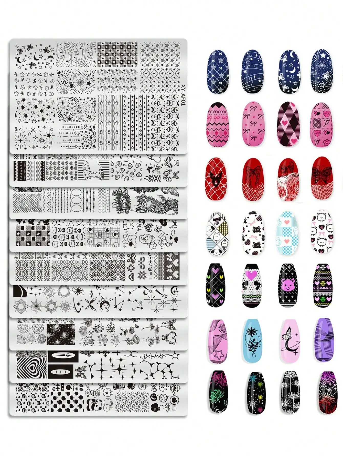 

Nail Art Stamping Plate With Striped, Crescent Moon, And Floral Patterns