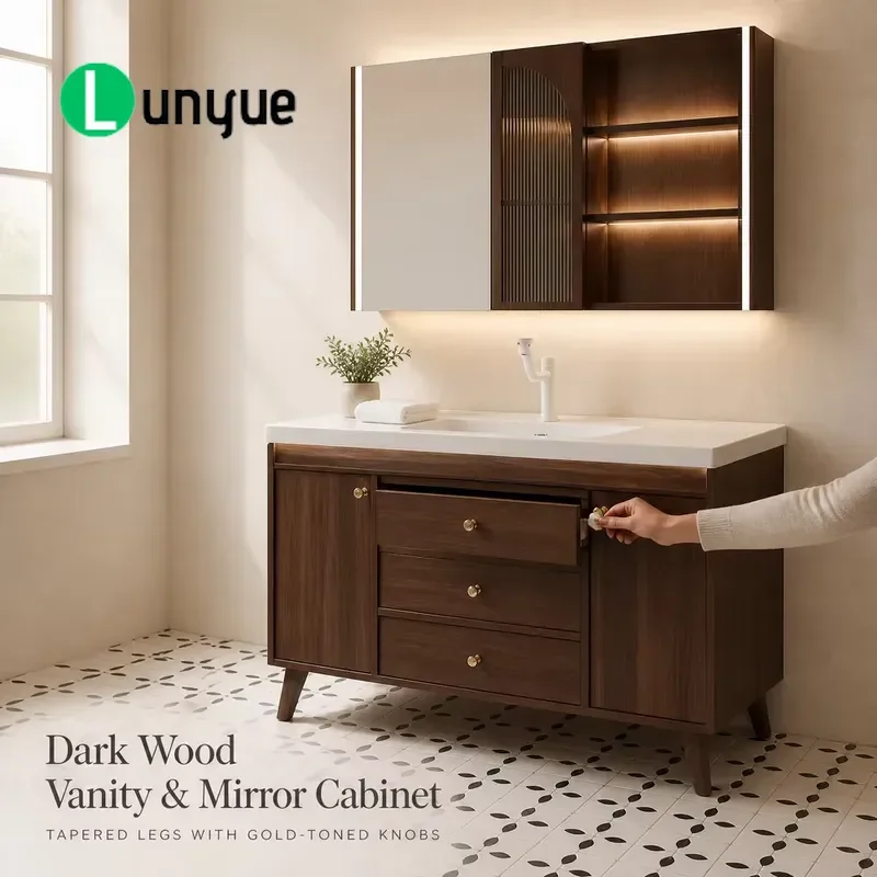 Medieval Style Walnut Bathroom Cabinet Set with Ceramic Integrated Basin Floor Standing Vanity Unit with Mirror for Home