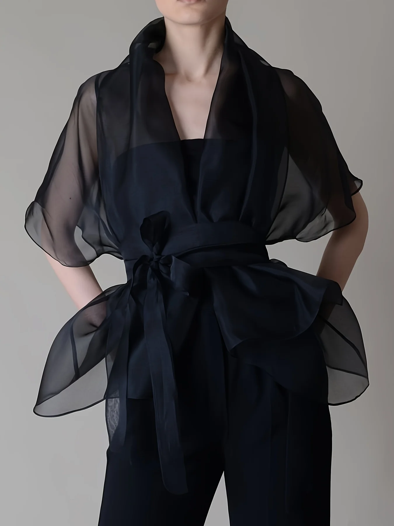 

Женская блузка из органзы на шнуровке, прозрачный V-образный вырез, воротник-стойка, элегантные офисные женские блузки с короткими рукавами в американском стиле ретро