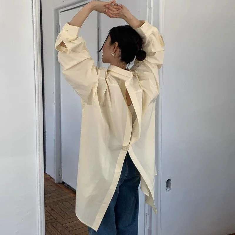 

plus Size 300 Pou Hollow out Ba Slit Long Sve irt Women Casual Single Buttoned Casual Korean Sle Autumn irt