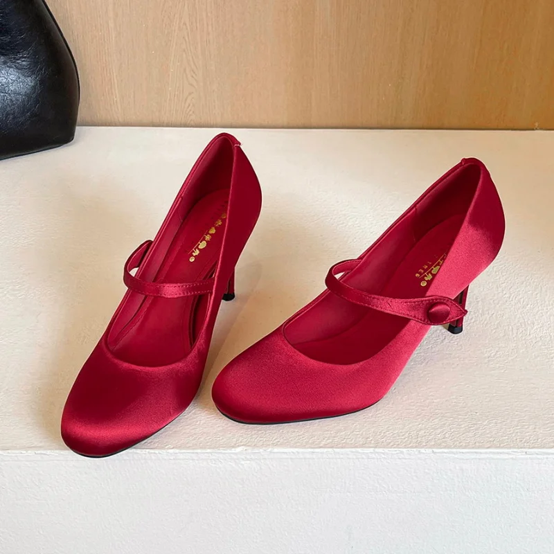 

BIGTREE Round-toe Mary Jane Heels Sexy Beautiful Women's Pumps Stiletto 8cm Evening Dress High Heeled Shoes Black Purple Satin