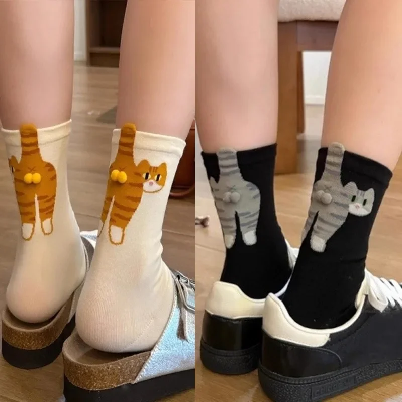 3 pares nova moda dos desenhos animados meias de gato preto branco engraçado gato tripulação meia com bolas feminino adorável casual 3d meias algodão macio