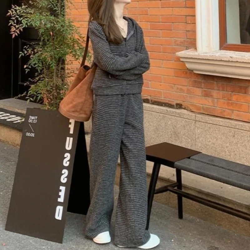 

New Korean Striped Hooded Jacket Women's Casual Drawstring Wide-leg Pants Fashion Suit