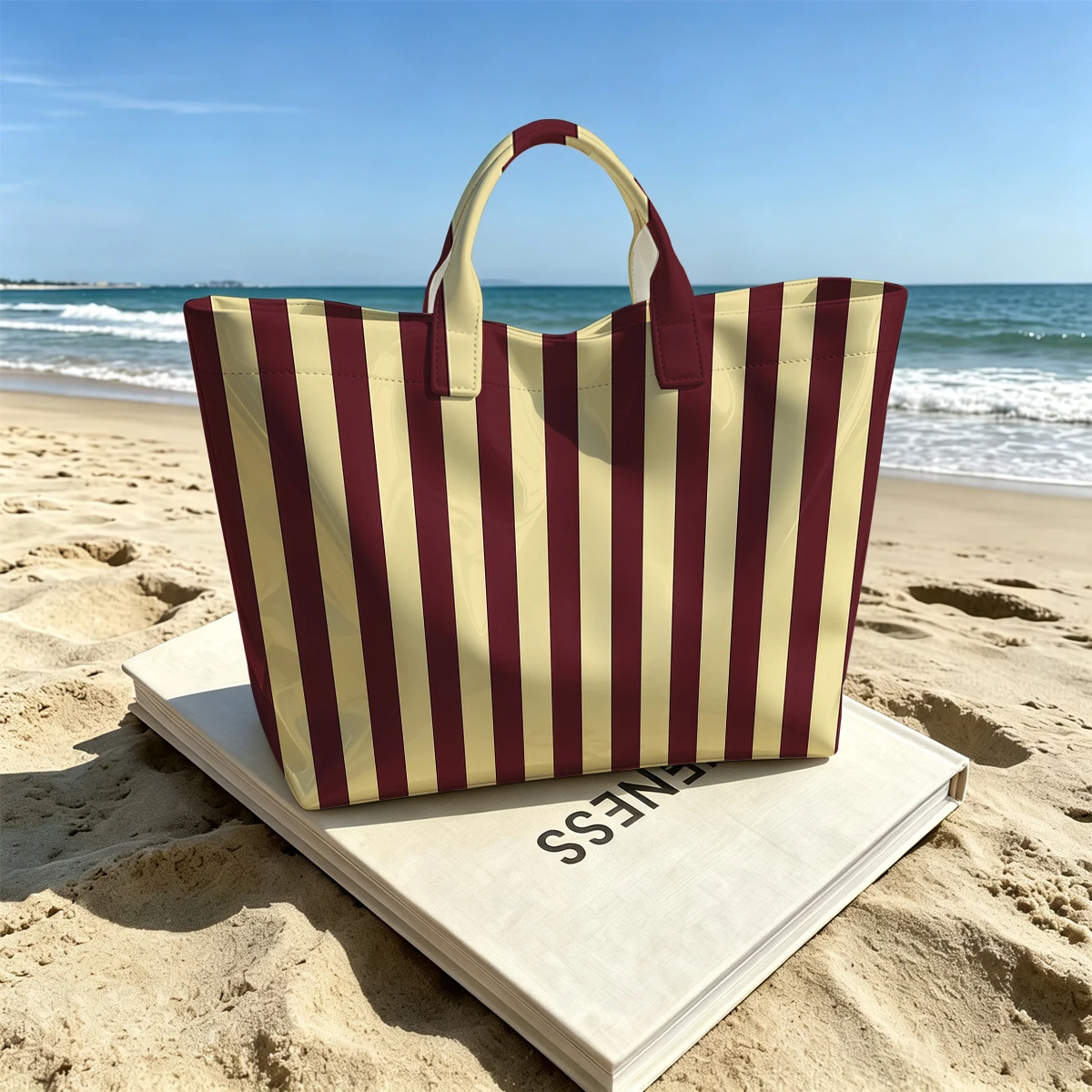 Burgundy & Cream Vertical Stripe Hot Sale Large Glossy PVC Tote Bag Hand Washable Waterproof Great for Travel Commute Handbags