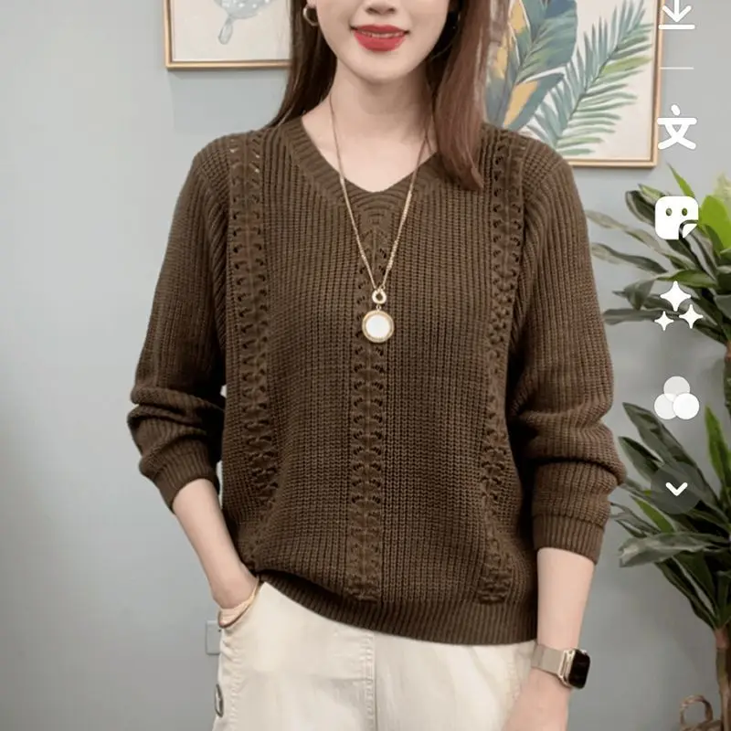 Casual Commute Style V-Neck Knitted Sweater Women Spring Autumn New Fashion Thin Top Female Loose Base Shirt Woman Clothes