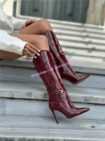 Burgundy Patent Leather Long Boots Luxury Buckle Decoration Pointy Toe Thin Heels Sexy Shoes Winter Women's Knee High Boots