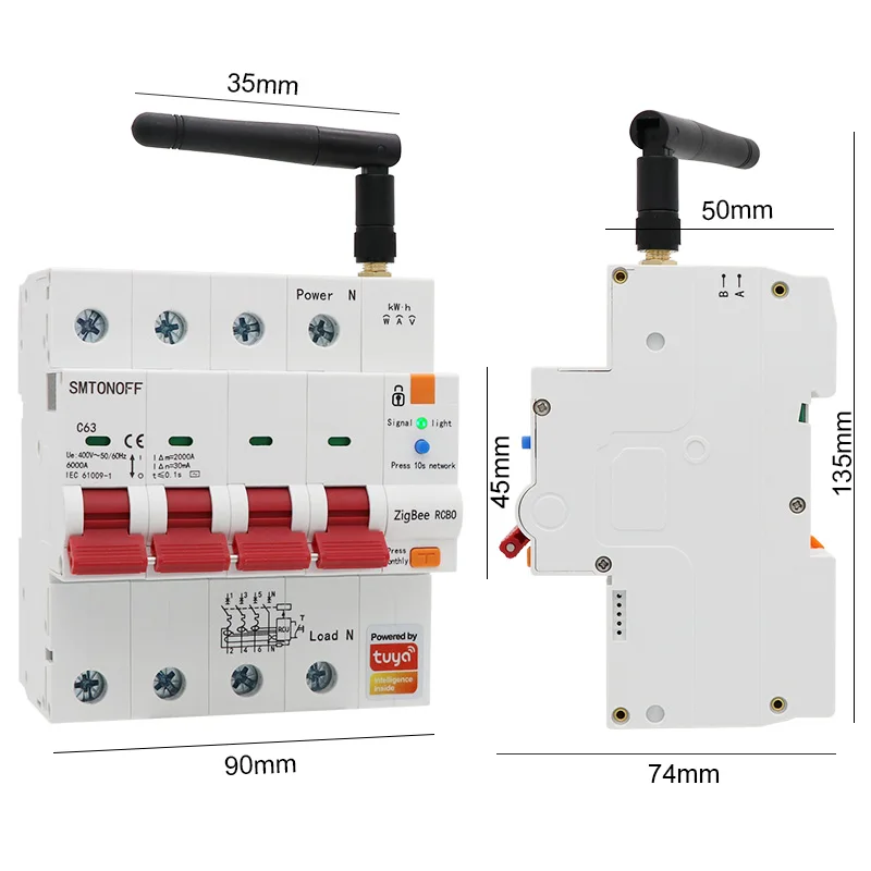 Zigbee Tuya 4P RCBO Smart Circuit Breaker Energy Meter Timer Switch Voltage Current Protector Voice Control Alexa Google Alice