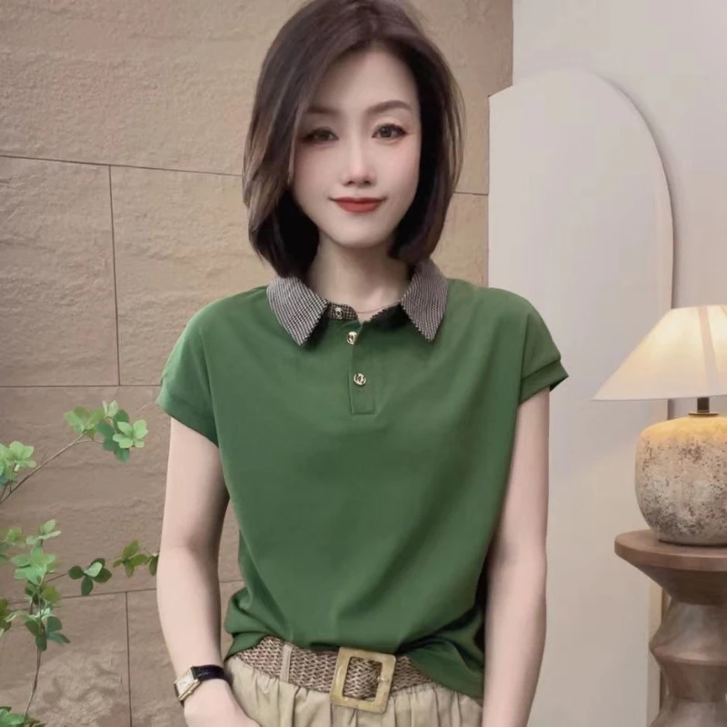 

Повседневная женская футболка с короткими рукавами, универсальный свободный базовый топ с воротником-поло для мам среднего возраста