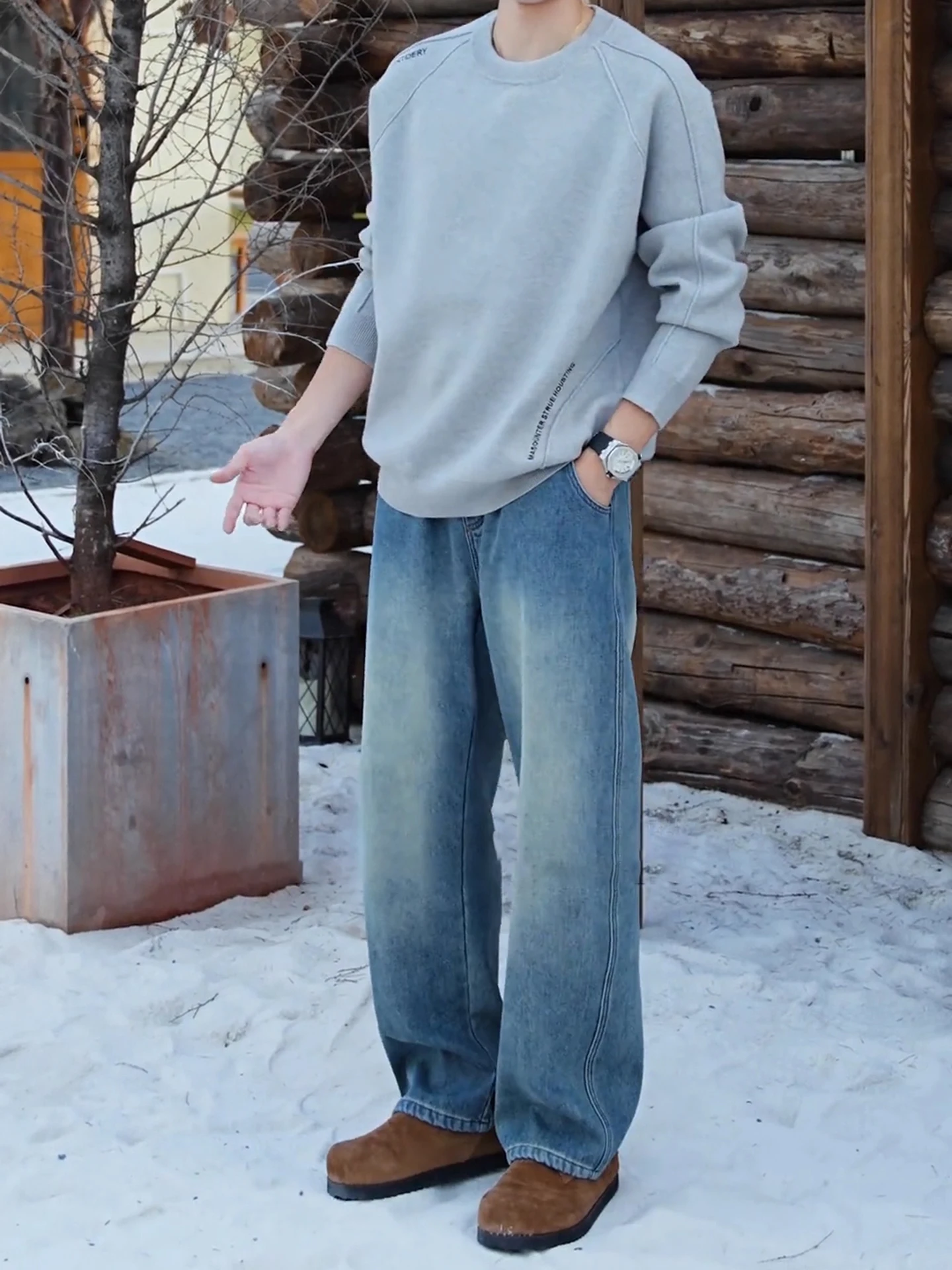 

Rinsed Vintage Blue Men's Jeans Autumn Winter Thiened Fce Wide Leg Straight Long Pants Retro American Sle Casual Trousers