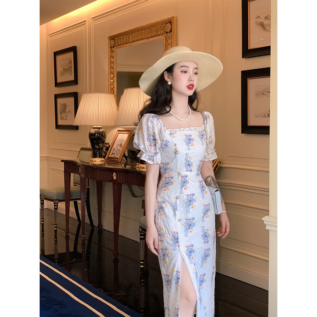 

Lu Jin ' ' Square Collar Embroidered Print Improved Version New Sle Girl Dr Floral Pattern Retro Sle ort S...