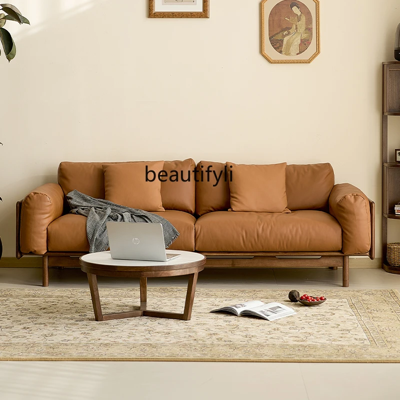 

Black walnut sofa solid wood home living room leisure sofa Nordic simple small apartment combination sofa