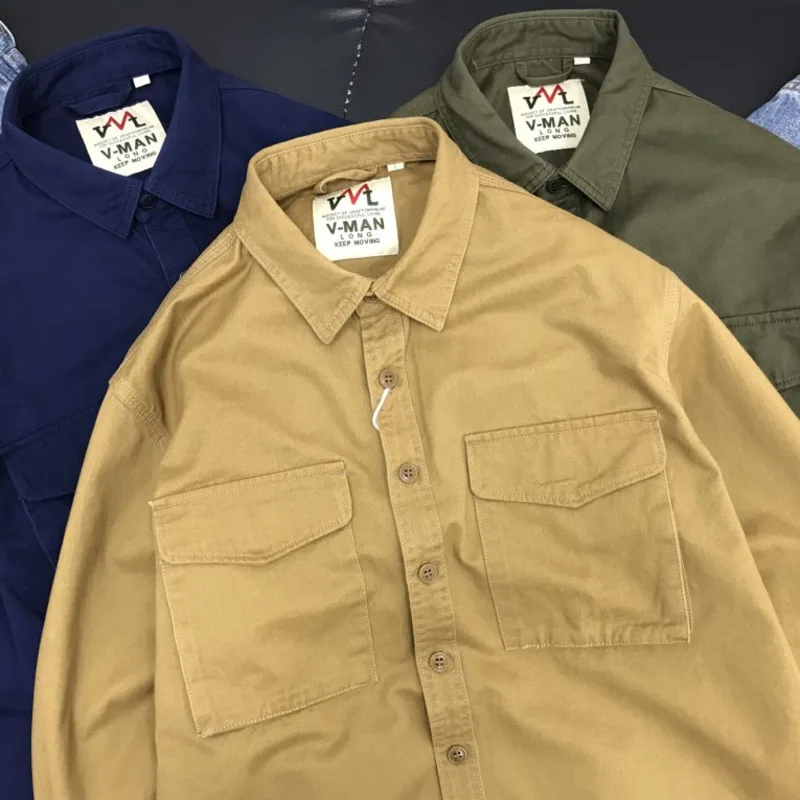 Retro Male Cargo Shirt Jacket Autumn Canvas Cotton Casual  Work Shirts Fashion Men Long Sleeve Button Down Safari Style Shirts