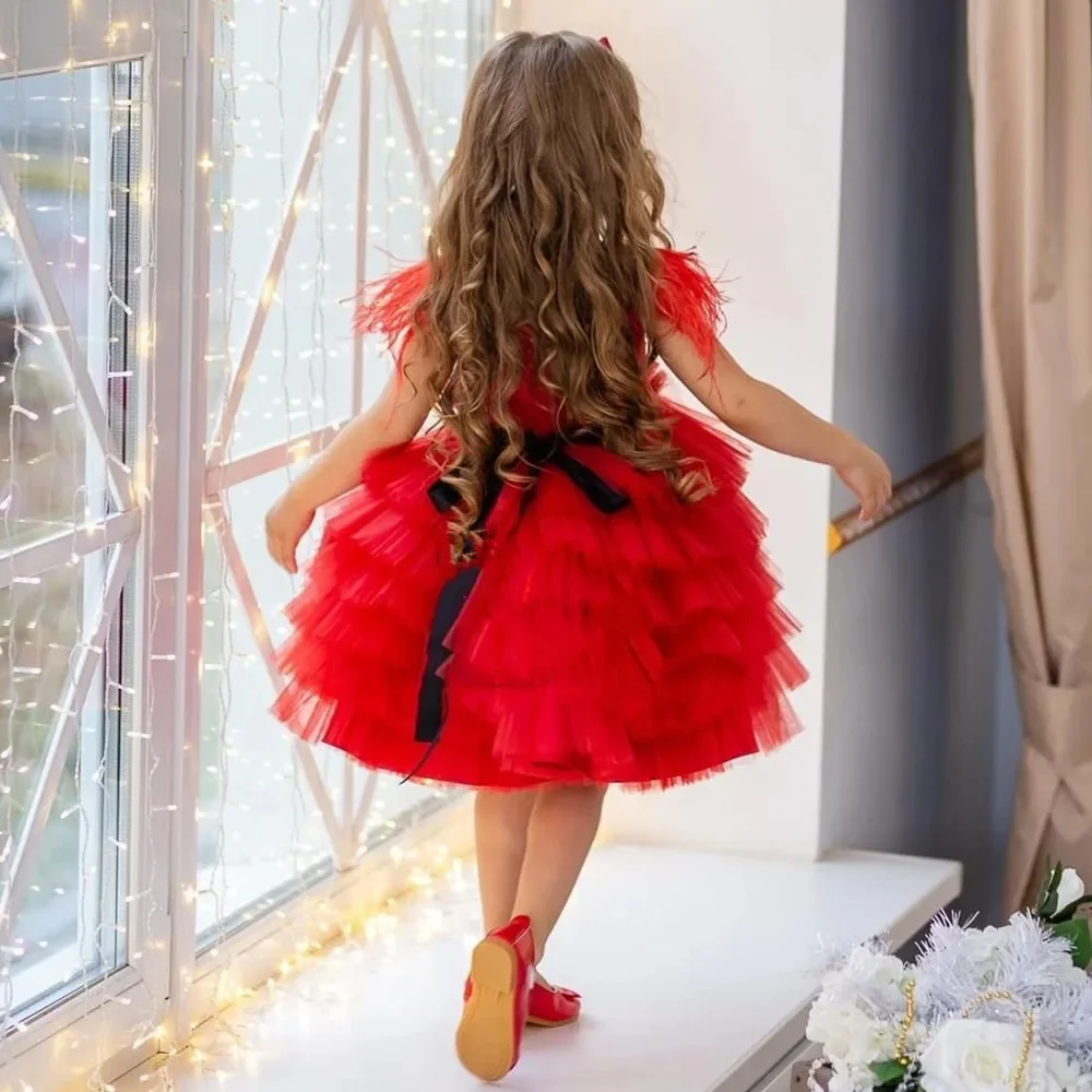 

Red Flower Girl Dresses Soft Tulle with Feather sleeves Round neck Tutu Wedding Party Gown with Black Belt First Communion