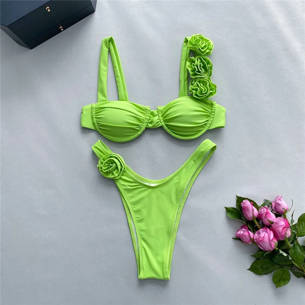 Traje de baño de flores brillantes para mujer, conjunto de Bikini Sexy con Push-Up, bañador de corte alto con aros, Bikini con Tanga 2024