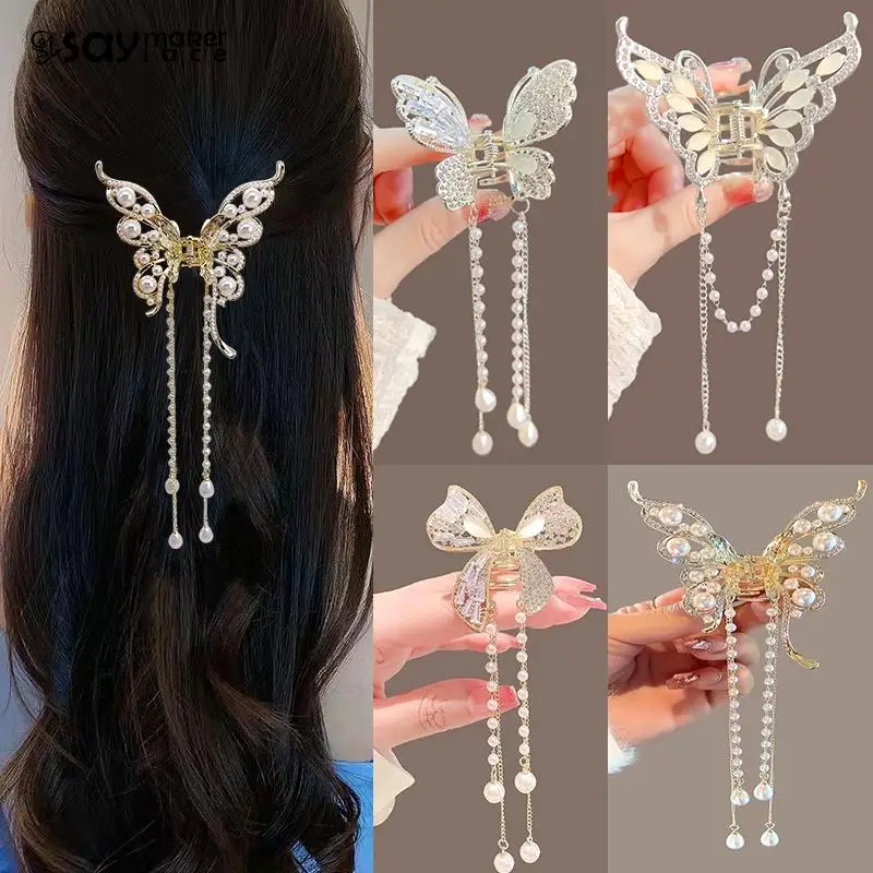 Rhinestone Butterfly Hair Claw Pearl Tassel Crab Clip Metal Bow Tie Hairpin Women Shark Claw Clip Girl Barrette Hair Accessories