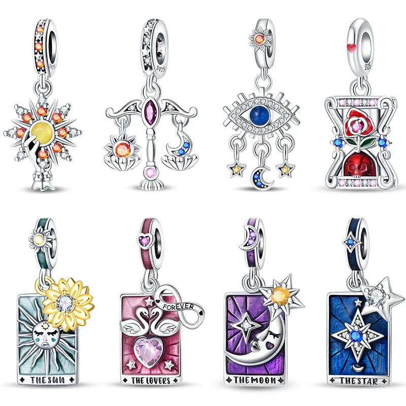 New 925 Silver Color Lovers Stars Moon Sun Magic Tarot Charms Beads Fit Pandora 925 Original Bracelets DIY Birthday Jewelry Gift