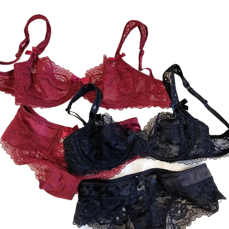KUCLUT French Romantic Ultra-thin Lace Sexy Transparent Gathering Big Breasts Show Small Underwire Bra Cover Underwear Set Women