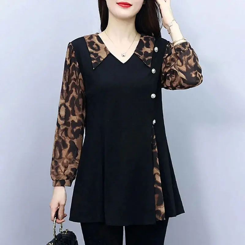 Mommy Outfit Autumn Korean New Polo Collar Pullover Commuter Fashion Printed Button Spliced Shirts Versatile Long Sleeved Tops