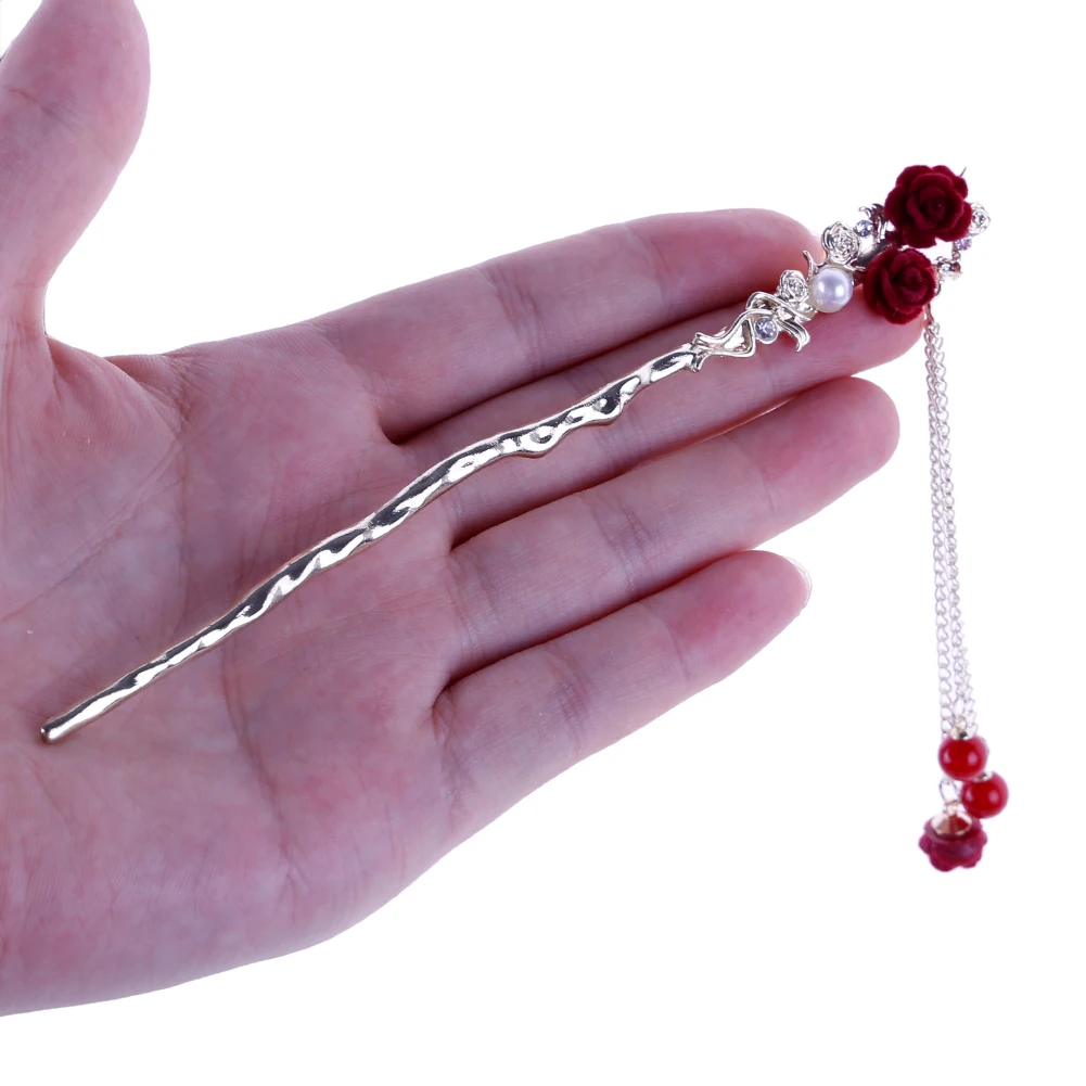 دبوس شعر على شكل شرابة وردية على الطراز القديم إكسسوار شعر هانفو Buyao مع دبوس شعر من الخرز لأزياء الزفاف الصينية التقليدية