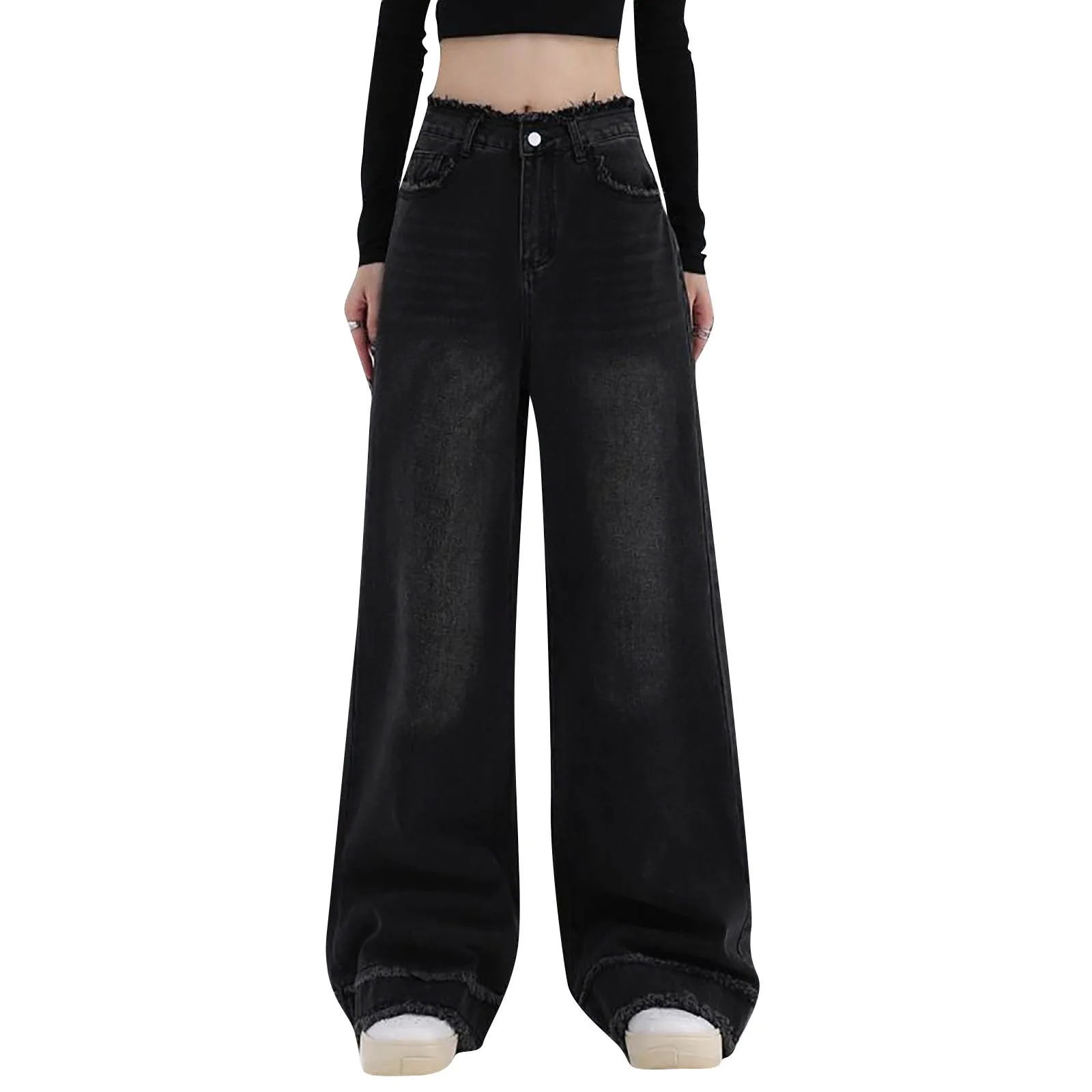 Women’s Black Color High Waist Sweet Cool Hot Girl Straight Work Pants With Zipper Comfortable Casual Long Baggy Jeans Oversized