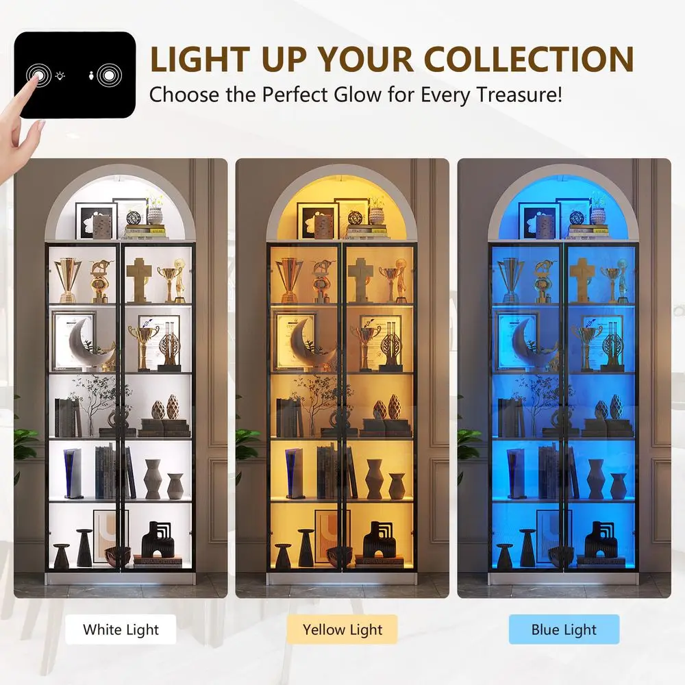 Display Cabinet with Doors and Adjustable Shelves, 76 Tall Display Case with LED Lights Arch Storage Space, 6 Tier Bookcase for view 4