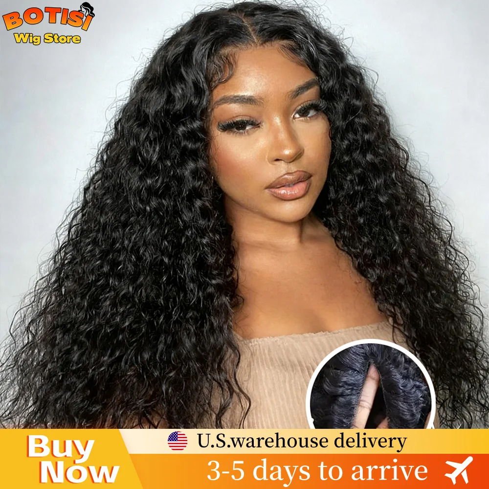 

Botisi 200% Density Curly Wig V Part Wig Human Hair Water Wave Pre-Pluck Deep Wave Wigs Full Machine Natural Black Wig For Women
